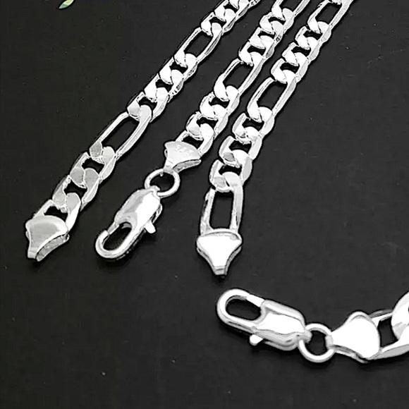 SILVER CUBAN FIGARO CHAIN LINK NECKLACE + BRACELE STERLING STMP .925 SET - Picture 6 of 7